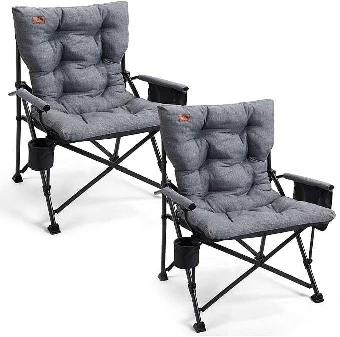 EVER ADVANCED Padded Oversized Folding Camping Chair for Adults, Heavy Duty Lawn Chair with Side Pockets, Portable Collapsible Quad Chair for Outside, Support Up to 500lbs, Grey 2Pack by EVERADVANCED