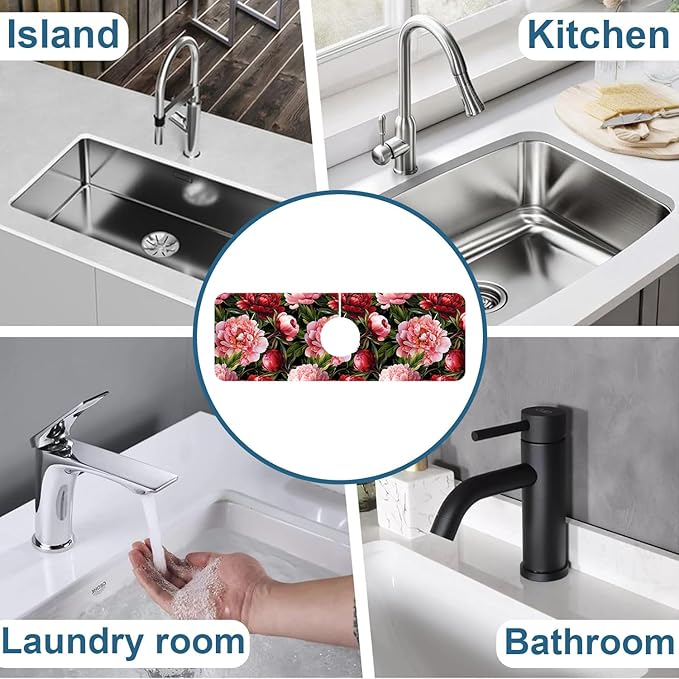 Blooming Peony Kitchen Sink Splash Guard Faucet Mat Pink Peony Flowers Super - Image 7