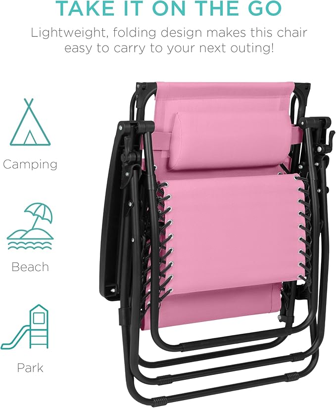 Best Choice Products 30” Wide Folding Zero Gravity Outdoor Recliner Patio Lounge Chair w/Adjustable Canopy Shade, Headrest, Side Accessory Tray - Carnation - Image 9