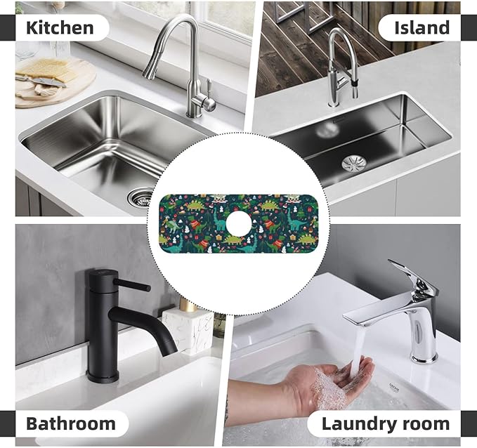 Christmas Dinosaur Tree Xmas Green Kitchen Sink Splash Guard Faucet Mat 1 Pcs - Image 7