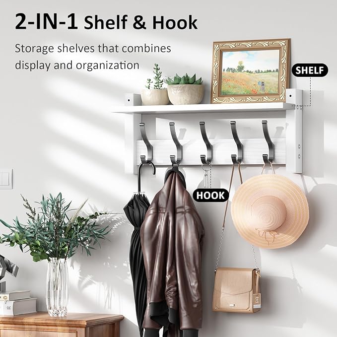 Coat Rack Wall Mount with Shelf, 17.1 Inch Coat Hanger Walls Mounted, Hat Rack - Image 4