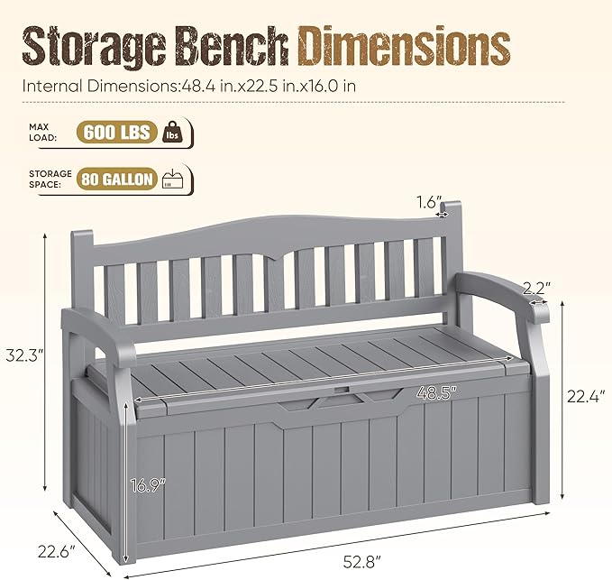 80-Gallon Outdoor Storage Bench, Waterproof Deck Box with Lockable Lid & Armrests for Patio, Garden, Pool, Gray - Image 3