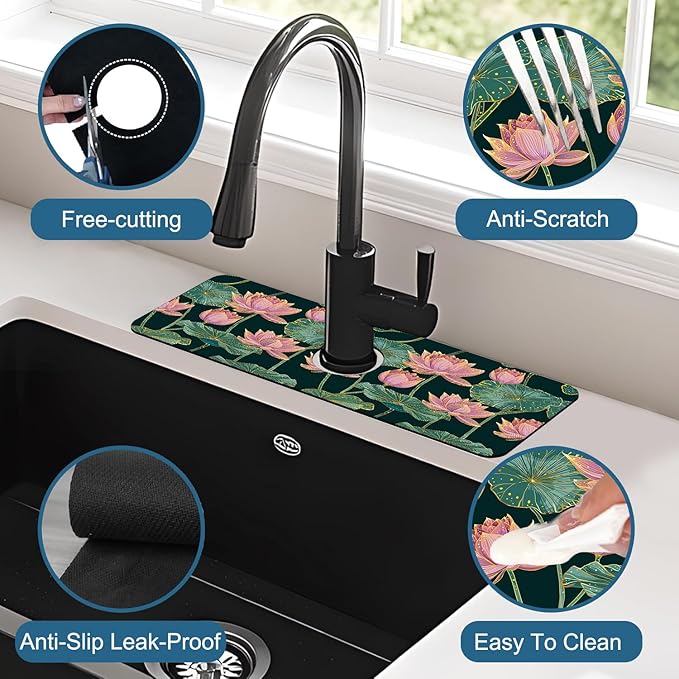 Lotus Pond Pattern Sink Splash Guard Faucet Mat Lotus Flowers Leaves Super - Image 4