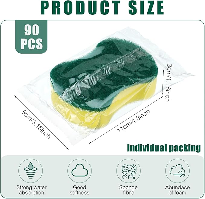 Tanlade 90 Pcs Individually Wrapped Sponges Kitchen Bulk Non Scratch Scouring - Image 2