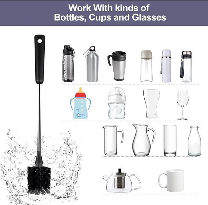 Water Bottle Brushes, Stainless Steel Long Handle Baby Bottle Scrub Cleaning - Image 4