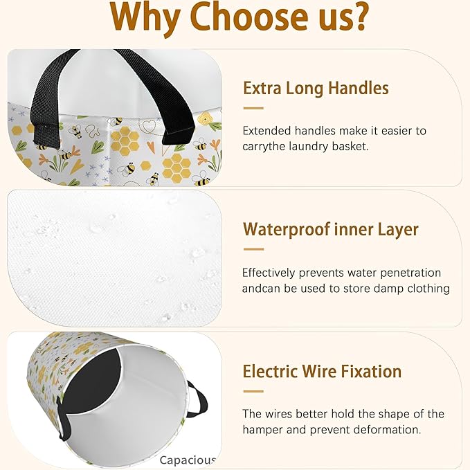 Bee Honey Flower Laundry Basket, Waterproof Foldable Laundry Hamper, Dirty - Image 3
