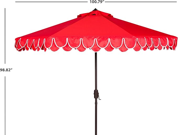 SAFAVIEH 9ft Outdoor Patio Umbrella, Round, Valance, Red & White Trim, Auto Crank Tilt, UV Resistant for Deck, Backyard, Poolside (PAT8006D) - Image 3