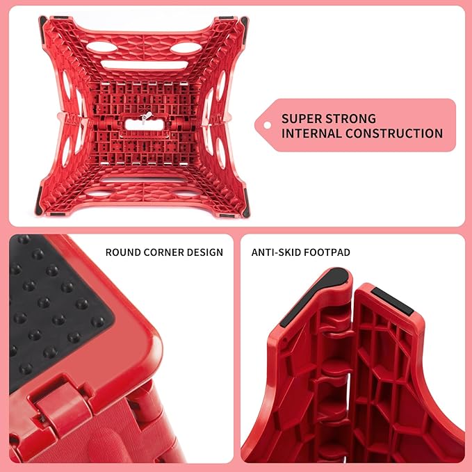 Delxo Folding Step Stool,Non-Slip Stool 13 inch Height Premium Heavy Duty Foldable Stool for Kids and Adults,Kitchen Garden Bathroom Steppingstool 1 Pack in Red,Dotted Texture - Image 6