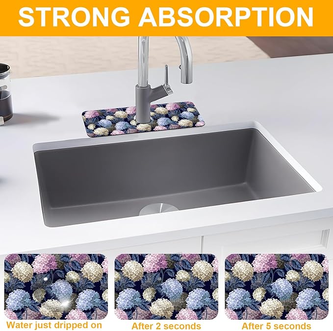 2 Pack Vintage Hydrangea Sink Faucet Absorbing Mat Colorful Hydrangeas Super - Image 5