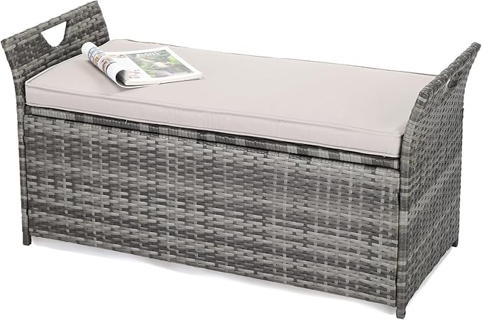 VINGLI 40 Gallon Outdoor Storage Bench with Cushion, Rattan Storage Box, Patio Wicker Deck Box with Seat for Garden | Balcony | Porch | Pool | Yard (Grey Frame + Light Grey Cushion) by VINGLI