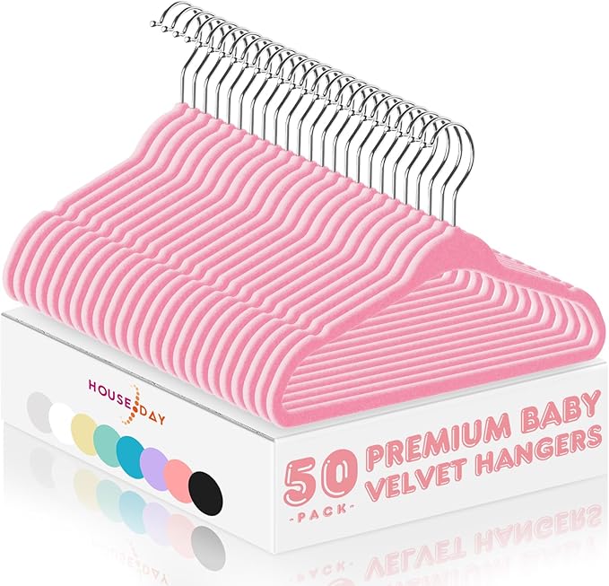 HOUSE DAY 11 Inch Velvet Baby Hangers 50 Pack Lt-Pink, Premium Kids Hangers by HOUSEDAY