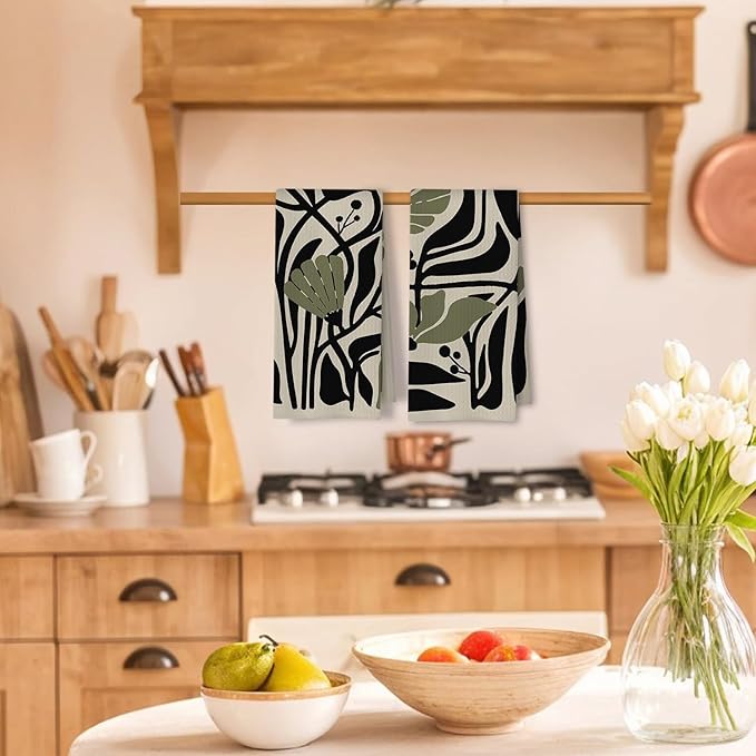 Abstract Dark sage Green and Black Boho Floral Kitchen Towels Set of 2 - Image 2
