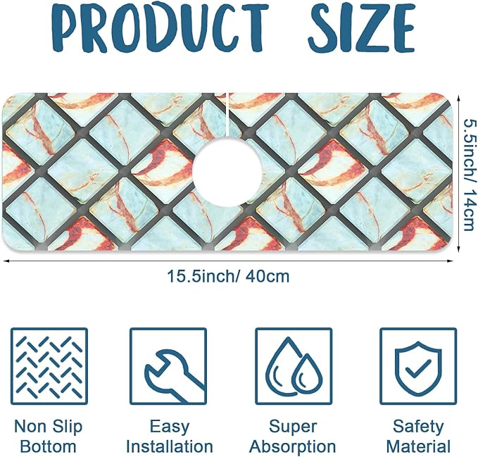 Rendering Marble Sink Splash Guard Faucet Mat Blue Wall Tiles Super Absorbent - Image 2