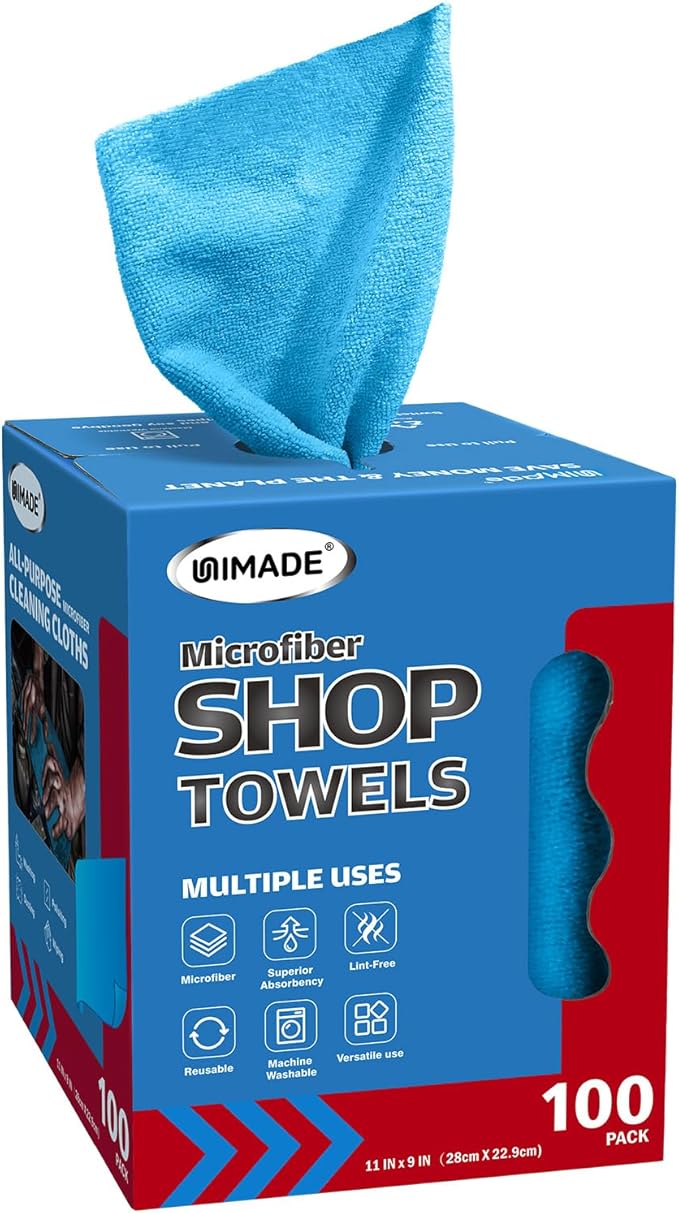 Shop Towels, 100 Sheets Microfiber Cleaning Cloth Commercial Grade Washcloths by Unimade