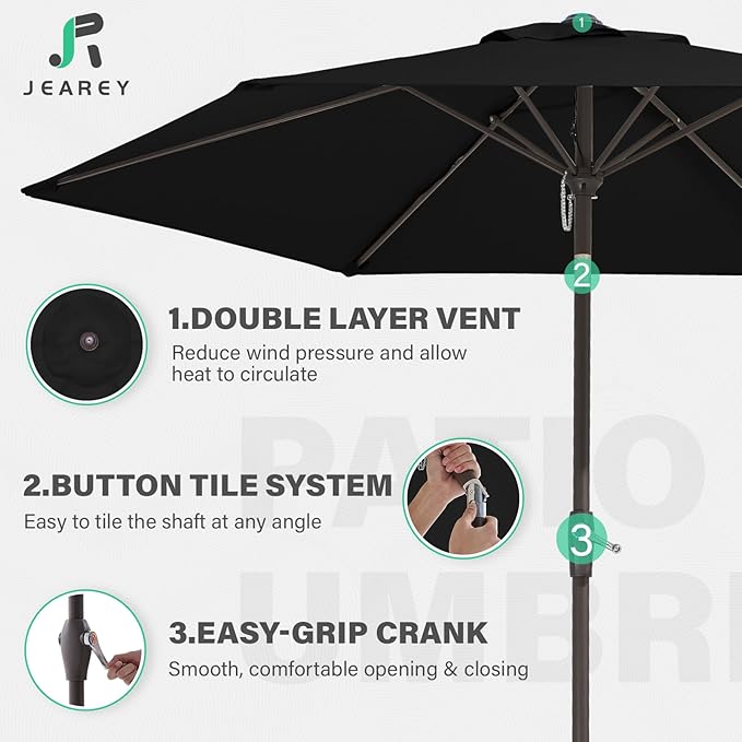 JEAREY 7.5FT Patio Umbrella Market Table Umbrella with 6 Sturdy Ribs, Push Button Tilt/Crank Outdoor Umbrella for Garden, Deck, Backyard, Pool, Black - Image 5