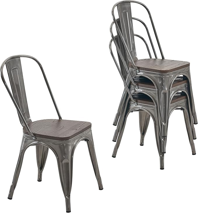 Nazhura Metal Dining Chair Farmhouse Tolix Style for Kitchen Dining Room Patio, 18 Inch, Stackable, Waterproof Indoor/Outdoor (Sets of 4) (Brushed Metal with Wood Padding) by NazhuraGoodCompanionAtHome