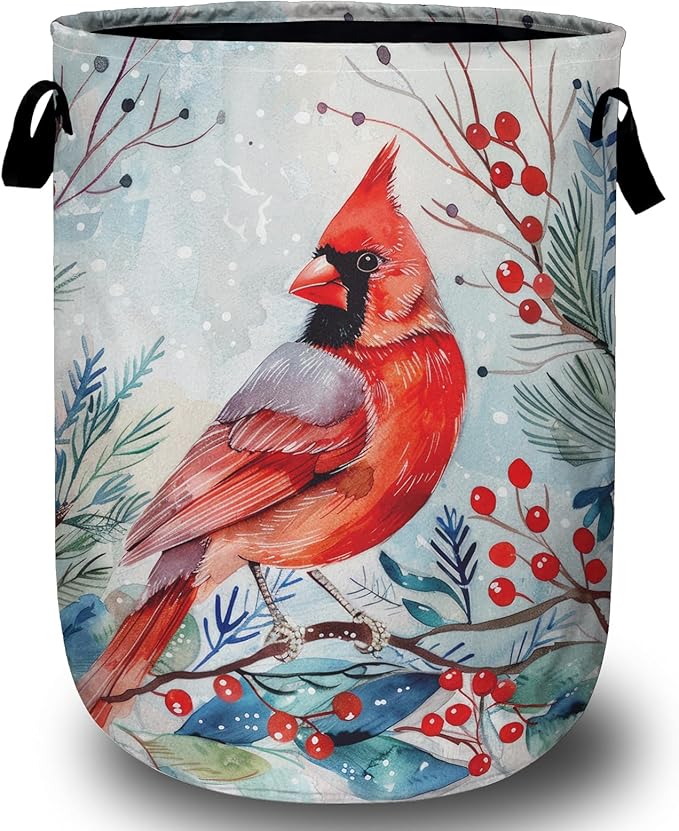 Watercolor Red Bird Laundry Basket, Foldable Winter Cardinal Laundry Hamper by Unknown