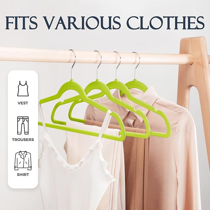 HOUSE DAY Vibrant Green Velvet Hangers 60 Pack, Non Slip Clothes Felt Hanger - Image 3