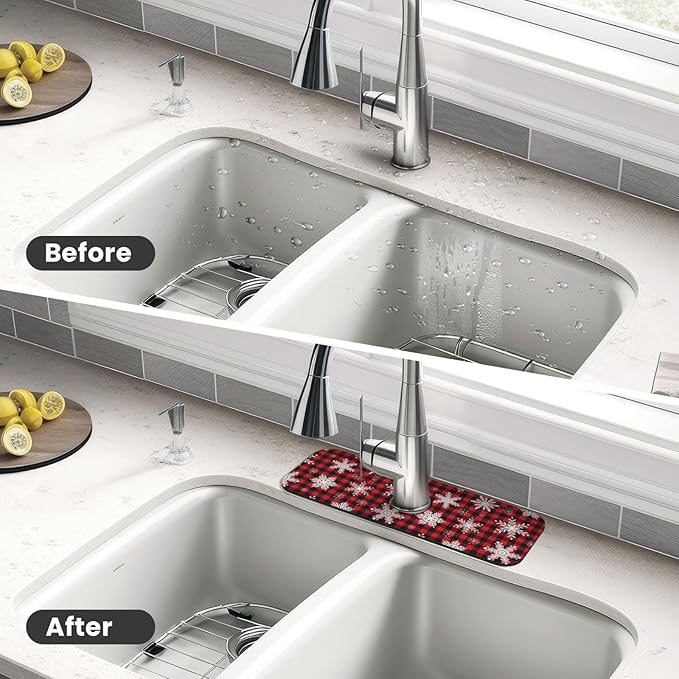 Christmas Snowflake Ho Red Black Buffalo Plaid Kitchen Sink Splash Guard Faucet - Image 4