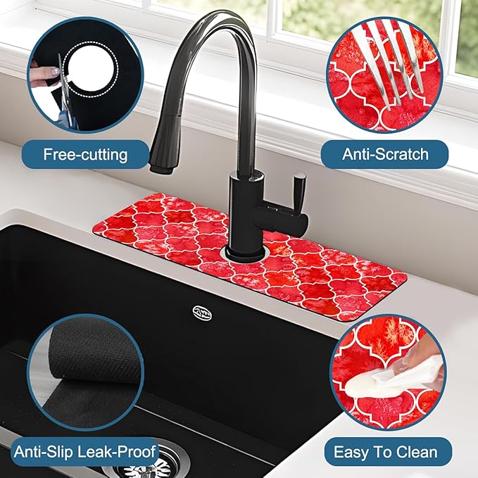 Watercolor Moroccan Marbled Kitchen Sink Splash Guard Faucet Mat Red Tiles - Image 4