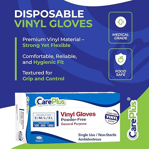 CARE PLUS Vinyl Gloves Clear Small Size 200 Count | Heavy Duty, Non-Sterile - Image 2