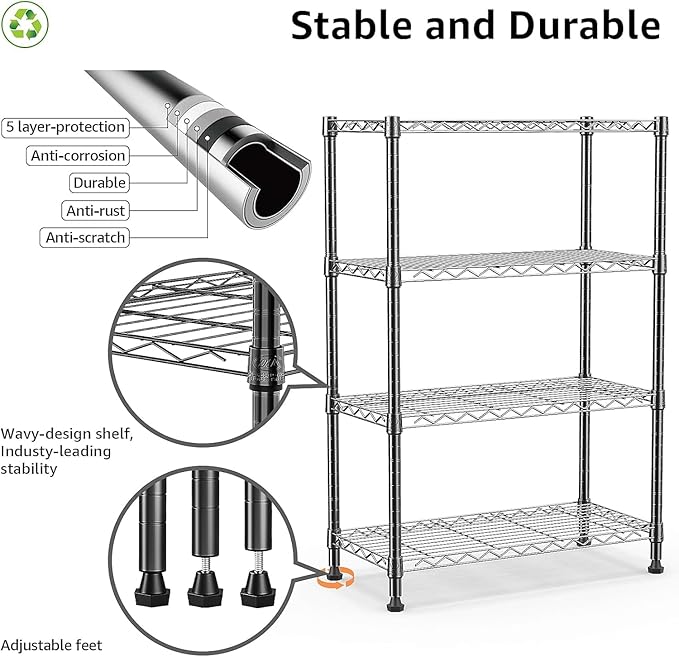 Xcity Storage Shelves, 4 Tier Heavy Duty Metal Shelving Unit, 1600 LBS Capacity Adjustable Steel Wire Shelf Organizer for Pantry, Kitchen, Garage, 14" D x 36" W x 54" H, Black - Image 3