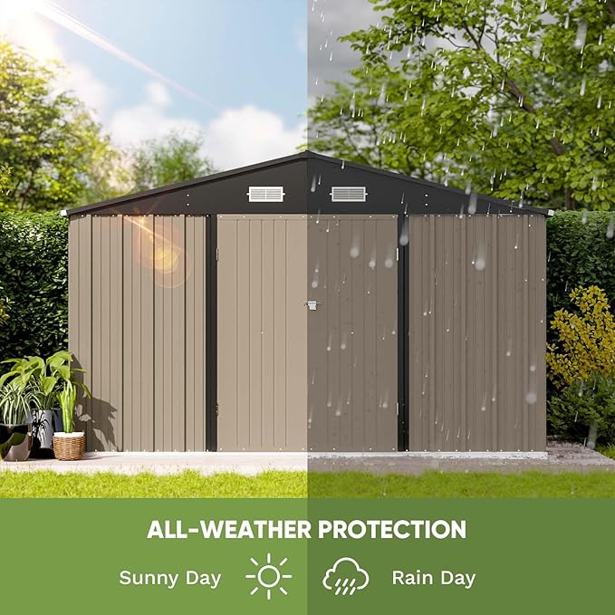 Patiowell 10 x 8 FT Outdoor Storage Shed, Large Garden Tool Metal Shed with Sloping Roof and Double Lockable Door, Outdoor Shed for Backyard Garden Patio Lawn, Brown - Image 4