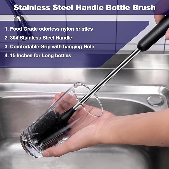 Water Bottle Brushes, Stainless Steel Long Handle Baby Bottle Scrub Cleaning - Image 2