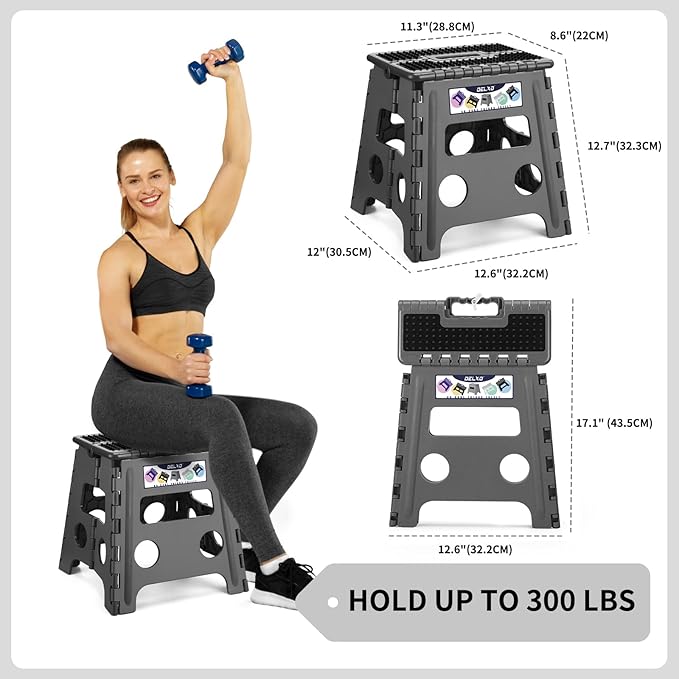 Delxo Folding Step Stool 13 inch Height Heavy Duty Foldable Step Stools for Adults and Kids,Kitchen Small Collapsible Fold Up Stepping Stool 1 Pack in Grey Dotted Texture - Image 2