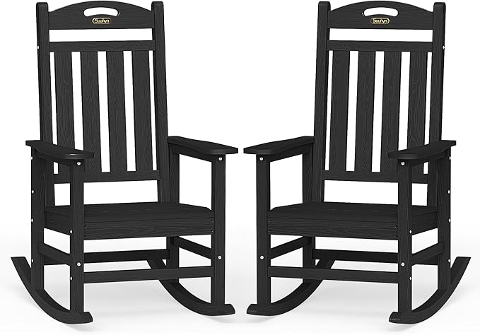 Oversized Outdoor Rocking Chairs Set of 2, High Back Porch Rocking Chair, HDPE All Weather Resistant Rocking Chairs for Patio, 380lbs Weight Capacity, Black by Suunyn