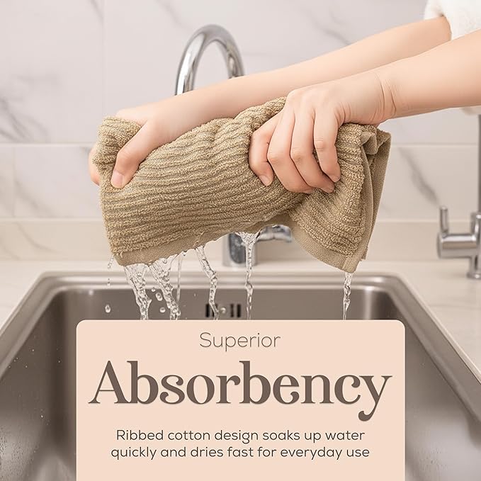 MosJos Kitchen Hand Towels Set of 4 Cotton Ribbed Taupe and White Hand Towels - Image 7