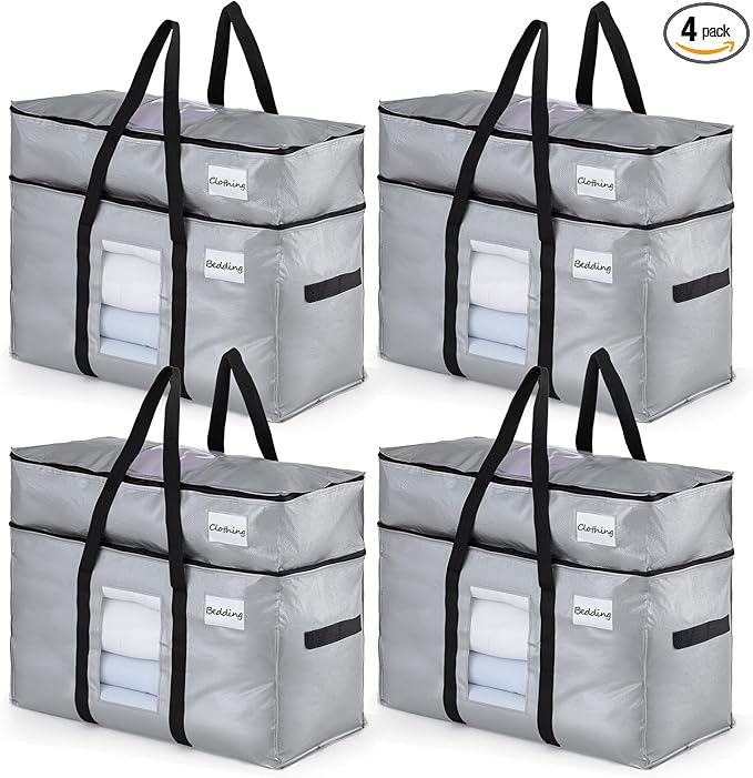 TAILI 2 Tier Extra Large Moving Bags, 4 Pack Silver Heavy Duty Totes by TAILI
