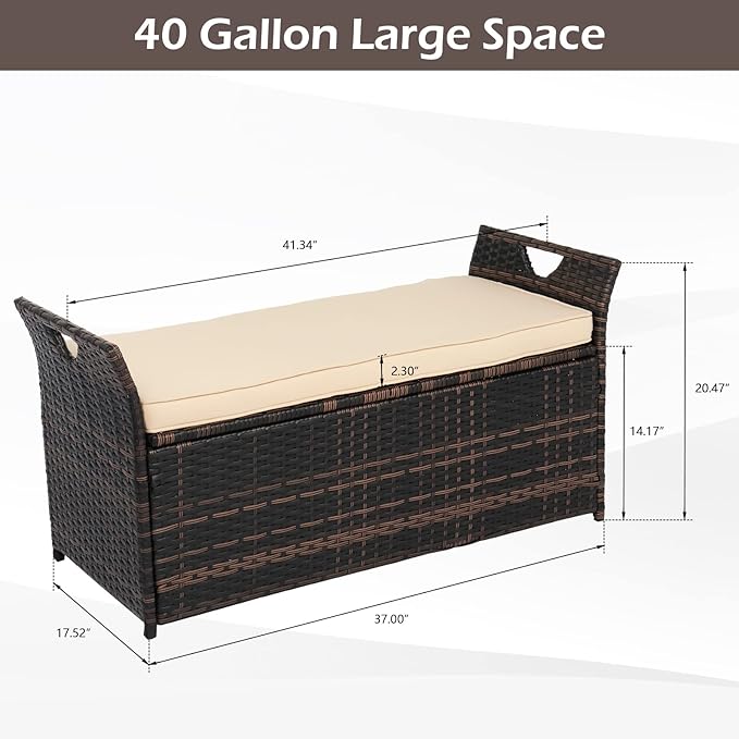 VINGLI 40 Gallon Outdoor Rattan Deck Box w/Cushion, Patio Wicker Storage Box, Garden Deck Storage Bin for Garden, Balcony, Porch, Pool, Yard, Brown - Image 3