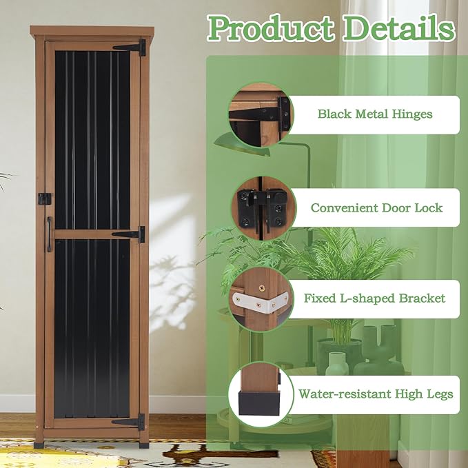 62" H Outdoor Corner Storage Cabinet with Lockable Doors, Outdoor Indoor Small Storage Cabinet with Metal Top, 3 Adjustable Shelves for Patio, Porch, Entryway or Small Spaces - Image 5