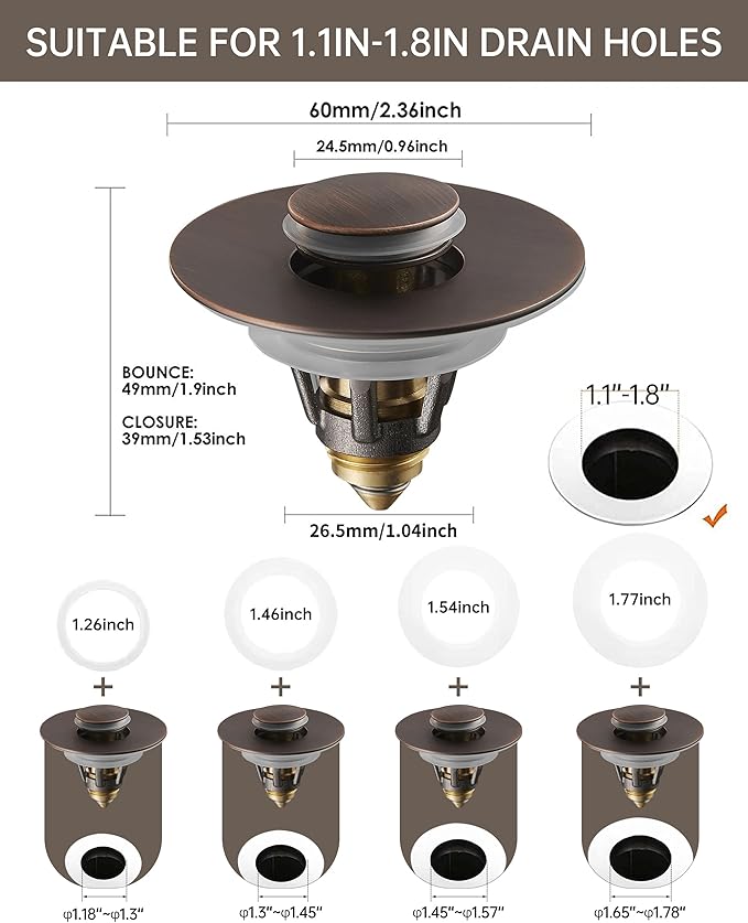 Fransiton Bathroom Sink Stopper, 1.1-1.77 Inch Basin Pop Up Sink Drain Stopper - Image 2