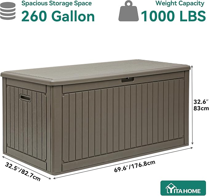 YITAHOME 260 Gallon Large Deck Box with Divider & Side Handles, Outdoor Double-Wall Storage for Patio Furniture Cushions, Garden Pool Accessories, Waterproof & Lockable - Image 8