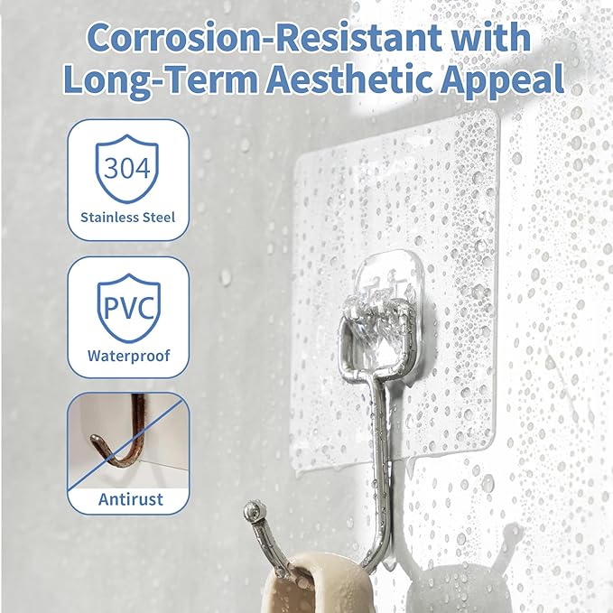Adhesive Wall Hooks for Hanging - 60lb Heavy Duty Waterproof & Rustproof - Image 3