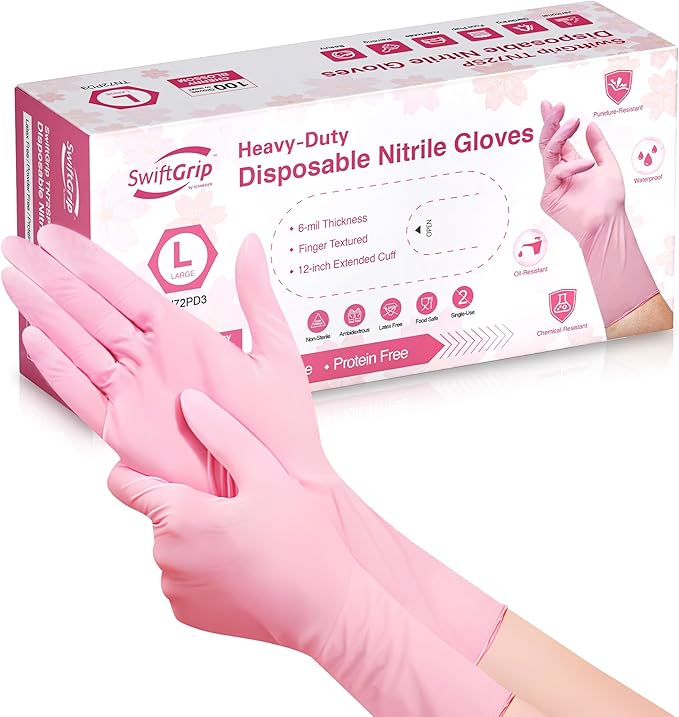 Disposable Nitrile Dishwashing Gloves, Extended 12 Inches Cuff, Cherry Blossom by SwiftGrip