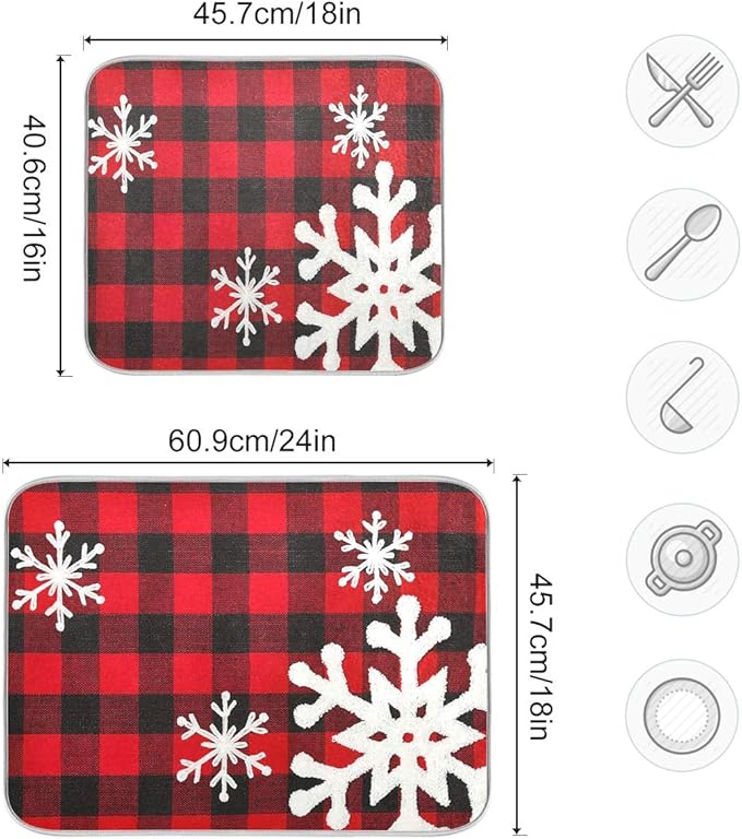 Christmas Red Plaid Snow Snowflake Dish Drying Mat 16x18 inch Red Black Lattice - Image 3