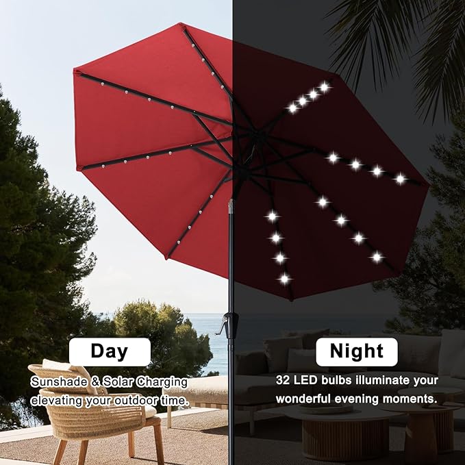 ABCCANOPY Durable Solar Led Patio Umbrellas with 32LED Lights 11FT (Wine Red) - Image 4