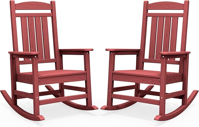 SERWALL Patio Rocking Chairs Set of 2, HDPE Outdoor Rockers for Adults, Oversized All-Weather Porch Rocking Chairs, Red by SERWALL