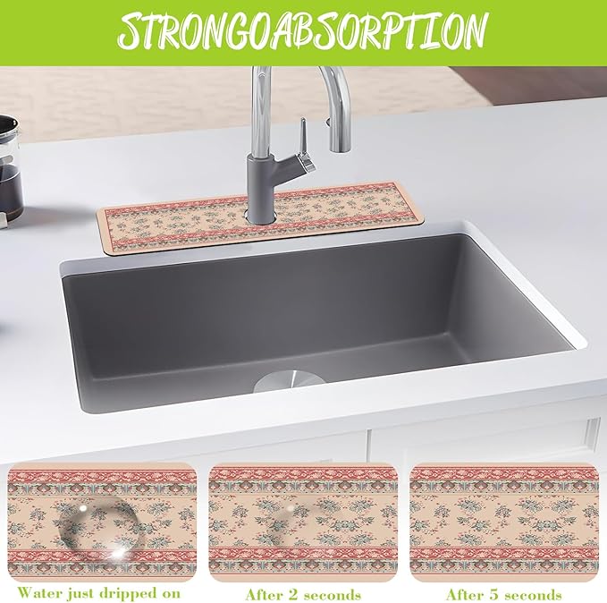 Sink Splash Guard Faucet Mat Retro Boho Flowers Absorbent Fast Drying Mat Sink - Image 5