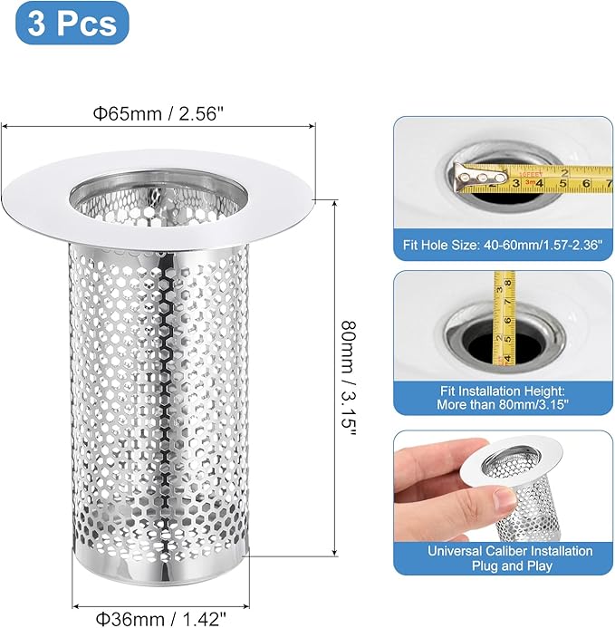 uxcell 2 Pack Shower Drain Strainer, 3.1" x 2.5" Stainless Steel Floor Drain - Image 2