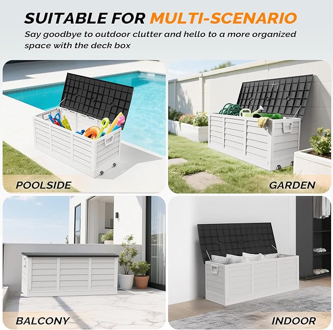 VINGLI 75 Gallon Collapsible Outdoor Storage Box, Simple-to-assemble Plastic Storage Containers with Lid, Patio Deck Box Furniture for Garden, Pool, Balcony, Yard (White) - Image 7
