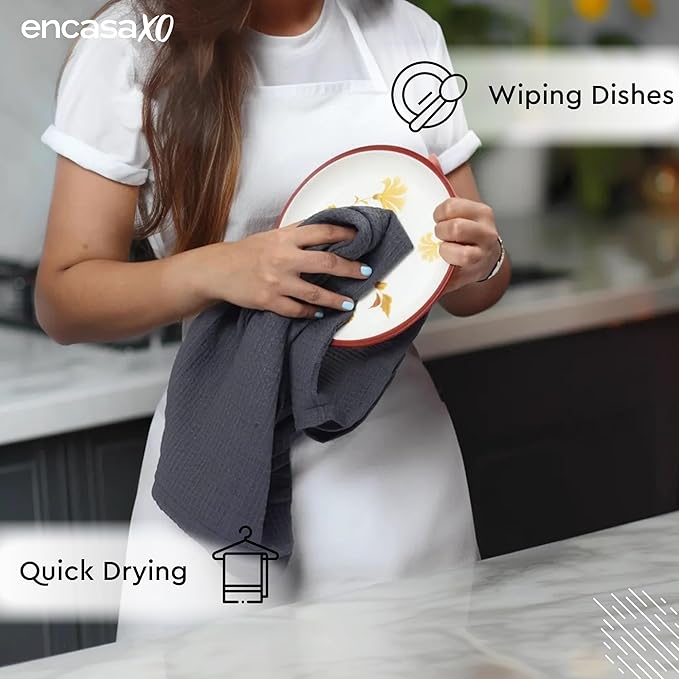 Encasa XO Kitchen Dish Towels Set | Grey | Waffle Weave and Flat Hand Tea Towel - Image 4