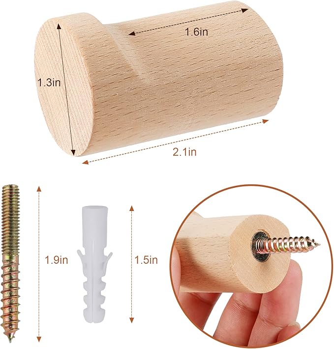 Wood Wall Hooks, 4 Pack Natural Wooden Coat Hooks Wall Mounted, Rustic Hat Hooks - Image 5