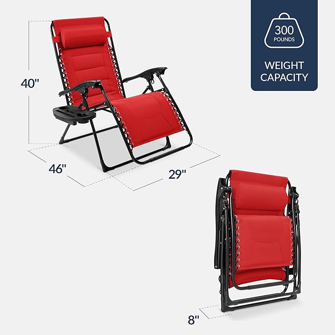 Best Choice Products Oversized Padded Zero Gravity Chair, Folding Outdoor Patio Recliner, XL Anti Gravity Lounger for Backyard w/Headrest, Cup Holder, Side Tray, Polyester Mesh - Crimson Red - Image 2