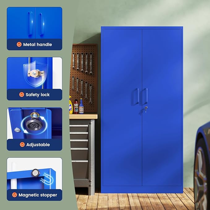 Yizosh Metal Garage Storage Cabinet with 2 Doors and 5 Adjustable Shelves - 71" Steel Lockable File Cabinet,Locking Tool Cabinets for Office,Home,Garage,Gym,School (Blue) - Image 4