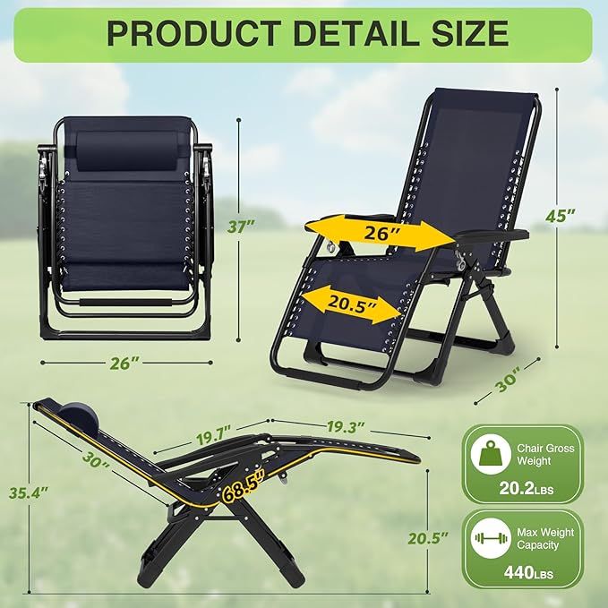 Suteck Zero Gravity Chair Set of 2, Reclining Camping Lounge Chair w/Removable Cushion, Upgraded Lock and Cup Holder, Reclining Patio Chairs Folding Recliner for Indoor and Outdoor - Image 2