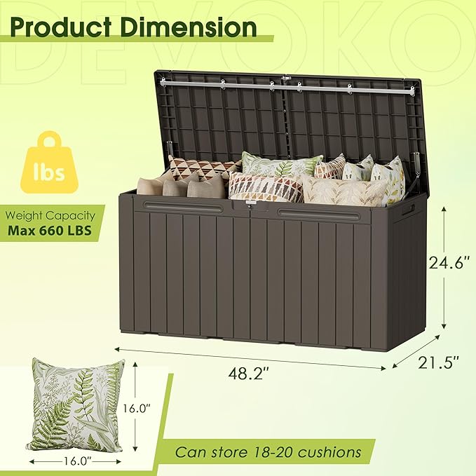 Devoko 100 Gallon Outdoor Storage Box, Waterproof Resin Deck Box for Patio Furniture, Lockable Container for Garden Cushions & Pool Supplies (Brown, 100 Gallon) - Image 8